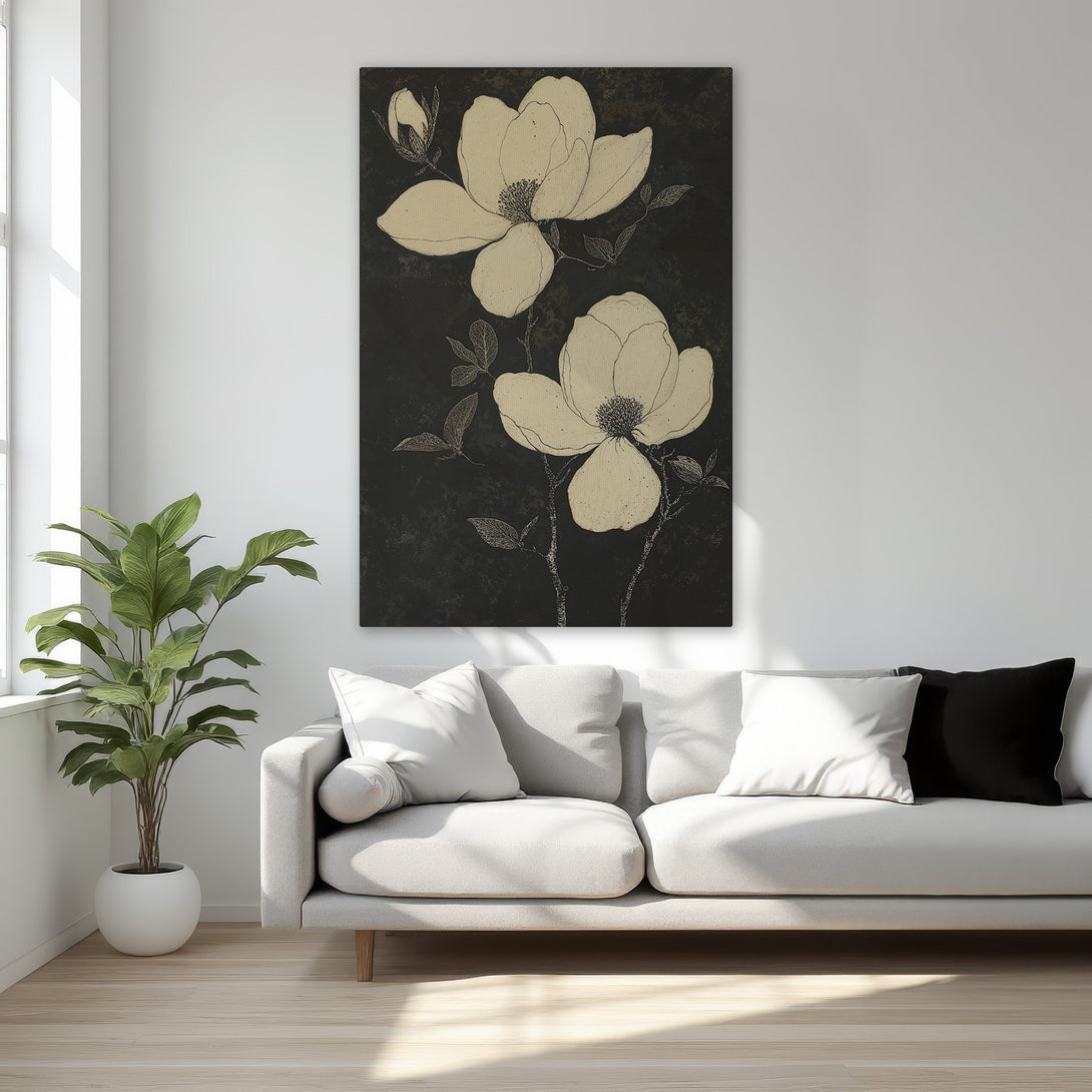 Framed Wall Art: Elegant floral canvas print in black, gold, and cream. Adds a touch of luxury and sophistication to any bedroom decor.