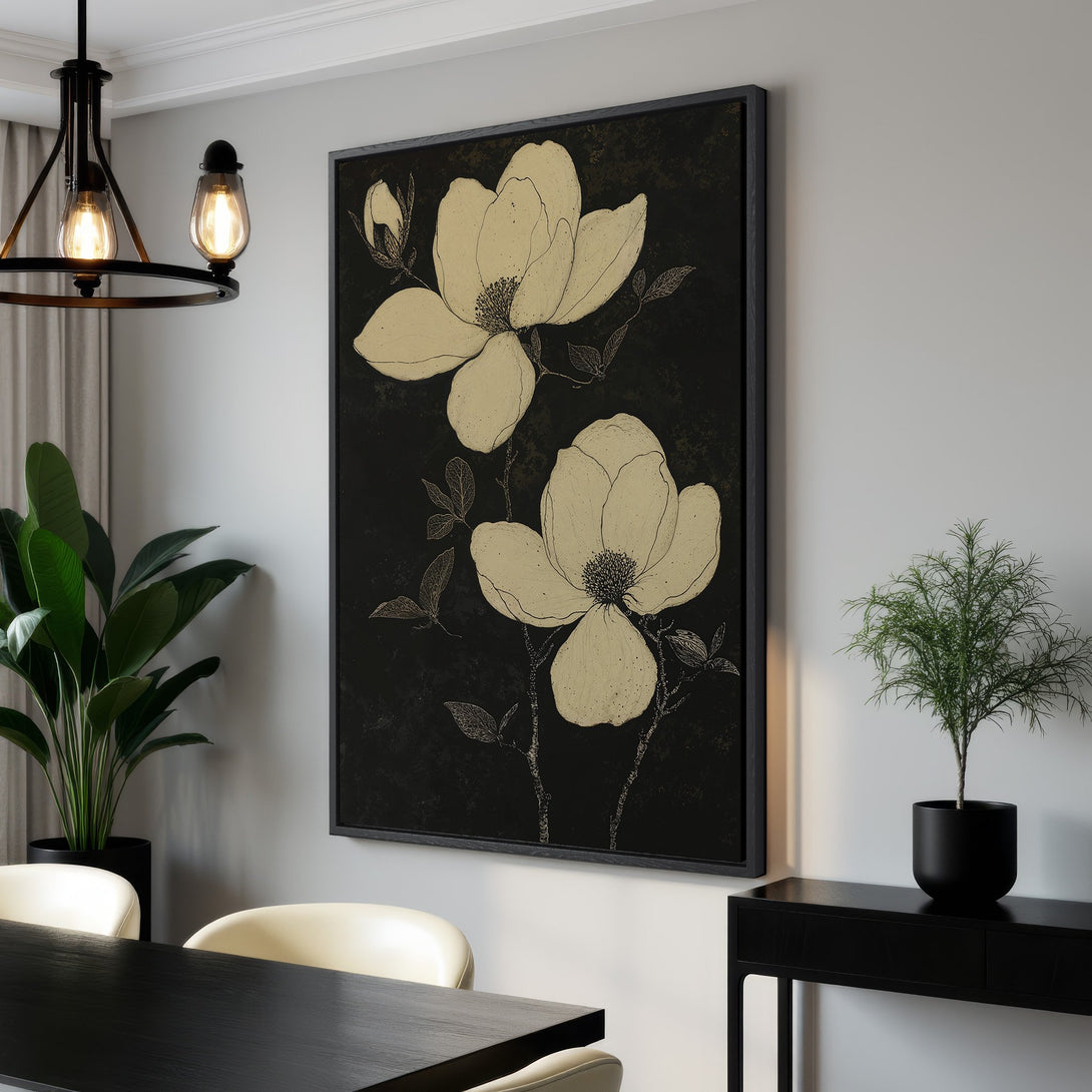 Framed Wall Art featuring elegant floral art in a minimalist style with a black and cream color palette, perfect for modern home decor.