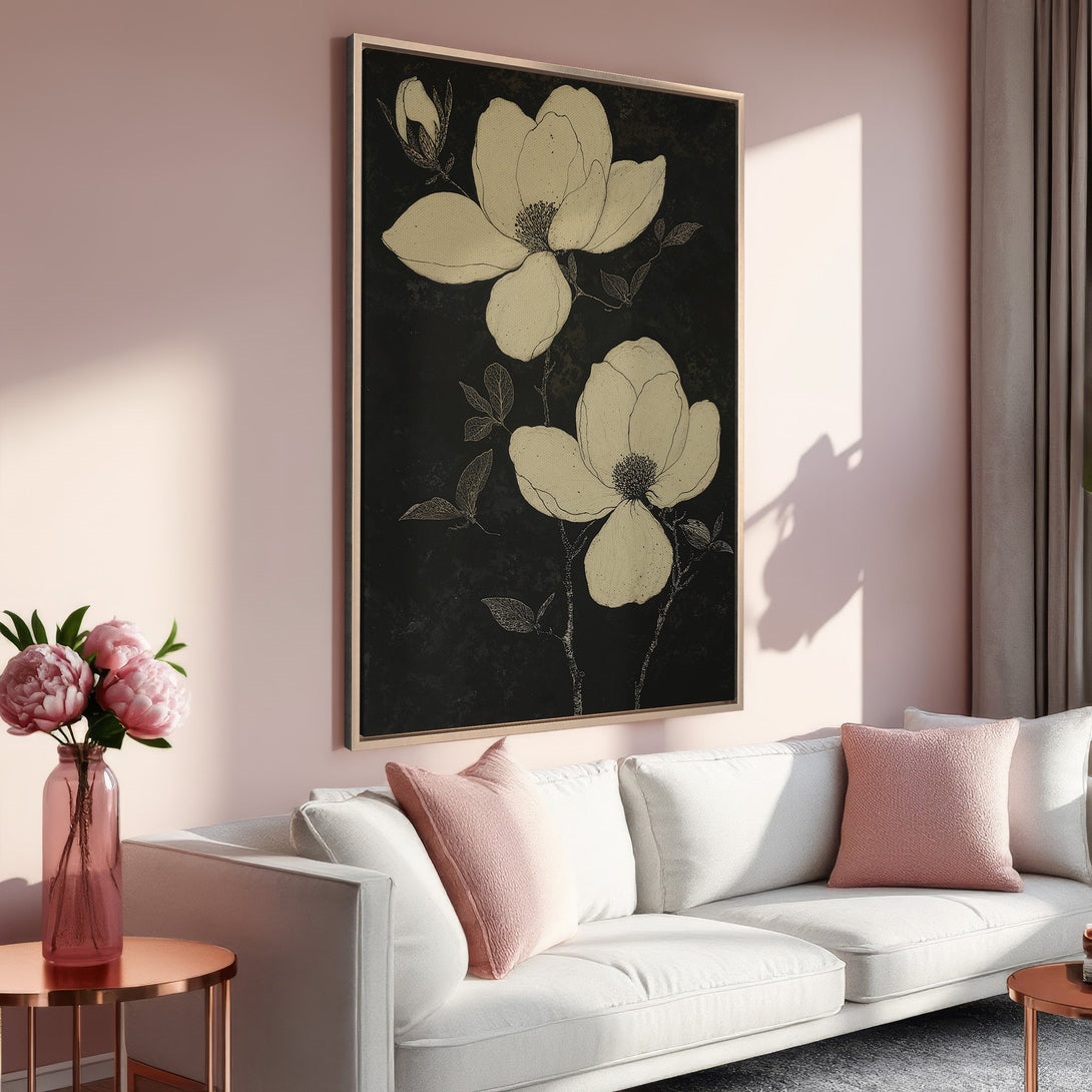 Framed Wall Art featuring elegant floral design in a neutral and black color palette. Perfect for adding a touch of sophistication to your home decor.