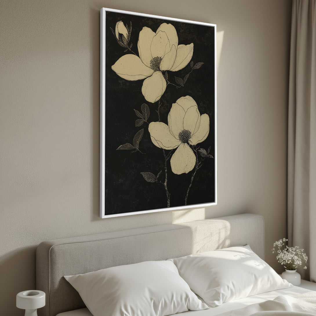 Framed Wall Art featuring elegant floral illustration in beige and black. Modern botanical Canvas Print adds a touch of sophistication to any bedroom.