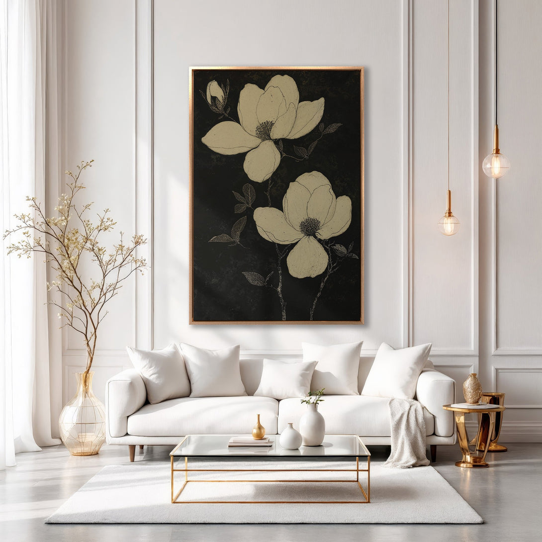 Framed Wall Art: Elegant floral print in a modern living room. Features a black background with beige flowers. Perfect for a sophisticated interior.
