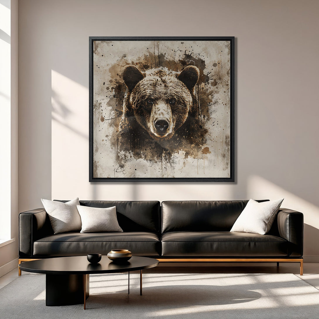 Framed Wall Art featuring a grizzly bear portrait in a watercolor style. Earthy brown and beige tones create a modern, rustic aesthetic for your home.