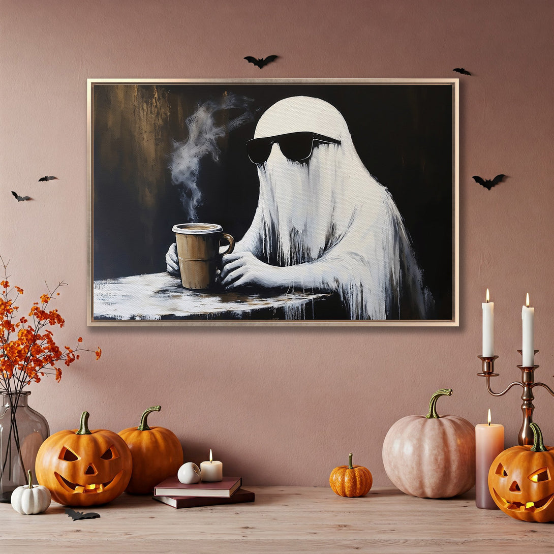 Framed Wall Art: Cool ghost art enjoying coffee. Modern, black & white, and gold color palette. Perfect Halloween decor!