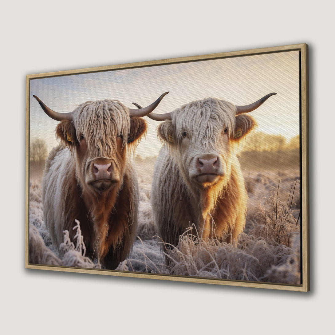 Framed Wall Art: Highland cows in a field, warm color palette. Rustic style Canvas Print for cozy home decor.