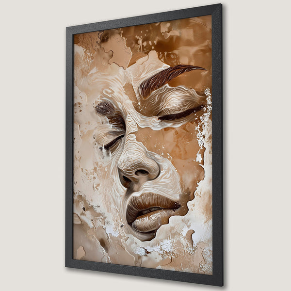 Framed Poster of a woman's face in abstract style, warm neutral tones. Perfect art for modern decor.