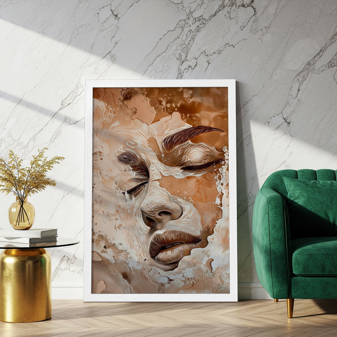Framed Poster featuring an abstract face in warm earth tones. Modern art print for home decor.