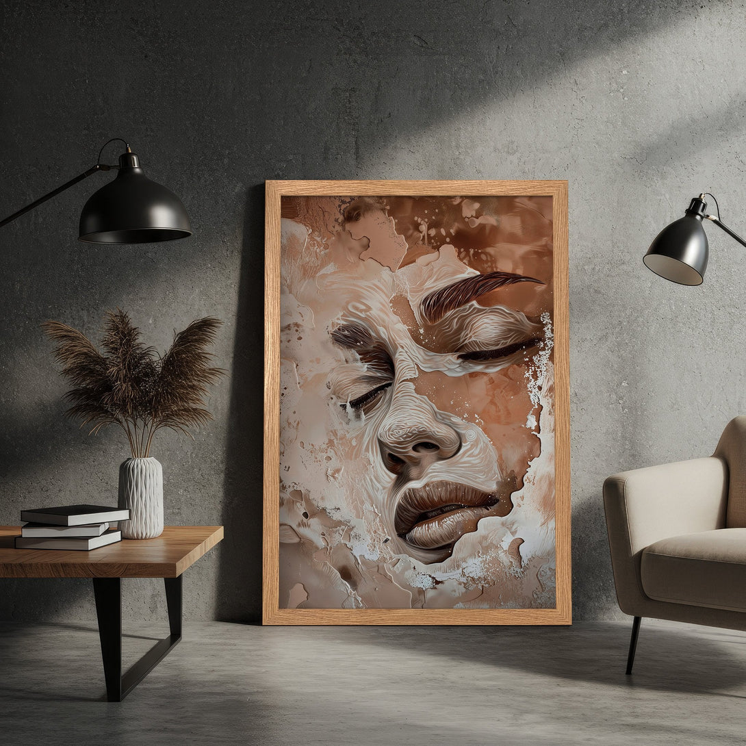 Framed Poster of abstract face art in neutral brown tones, perfect for modern home decor. Shop now!
