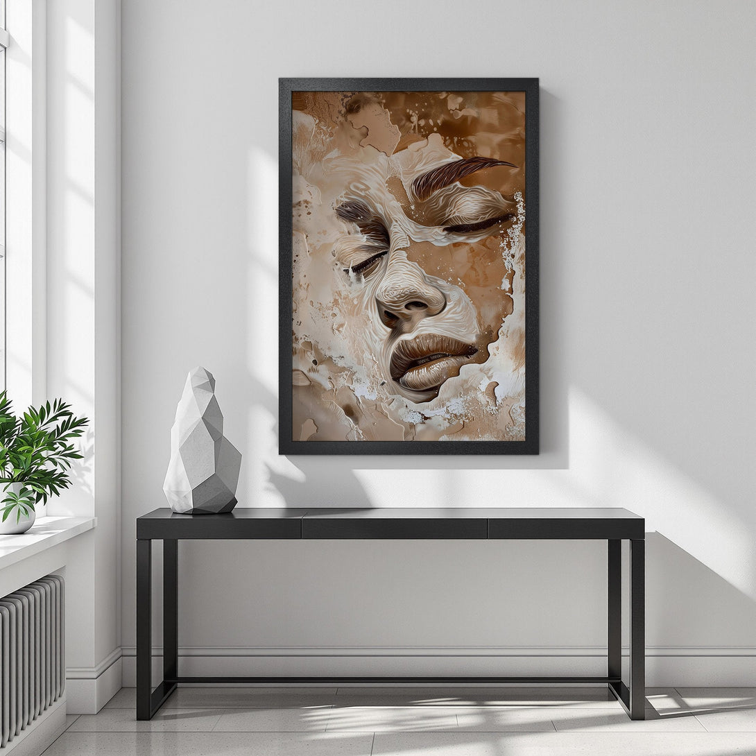 Framed Poster featuring an abstract face in neutral tones. Modern art print with a warm, earthy color palette. Perfect wall decor!