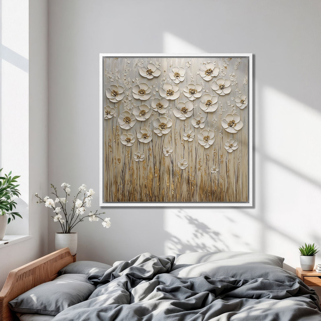 Framed Wall Art: Elegant floral canvas print in neutral tones. Adds a touch of serenity to any space. Perfect for bedroom decor.