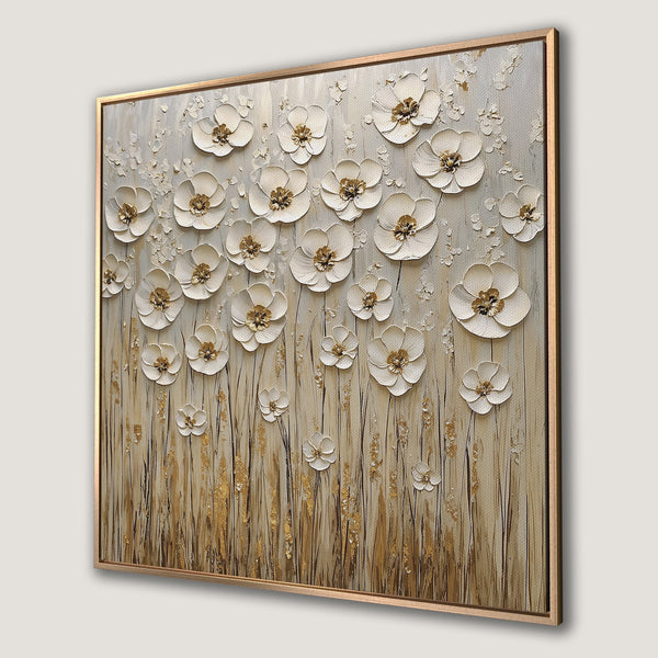 Framed Wall Art: Textured floral Canvas Print in neutral tones. Elegant white flowers with gold accents on a beige background. Perfect for modern decor.