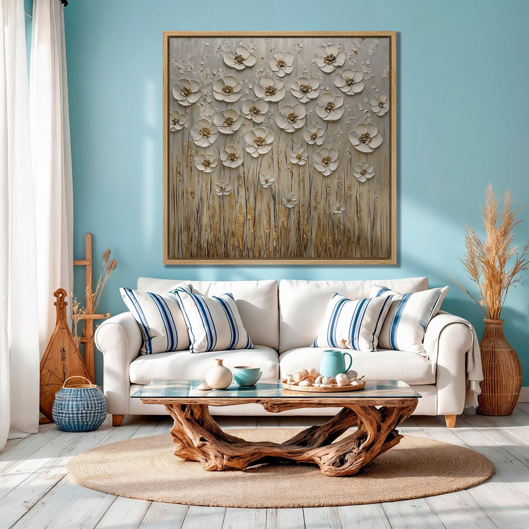 Framed Wall Art featuring a floral design in neutral tones, displayed in a coastal-style interior with a blue and white color palette. Perfect for modern home decor.