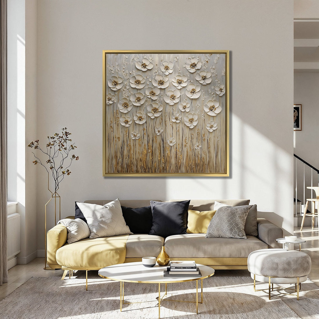 Canvas Print of textured floral art in neutral tones, displayed in a stylish interior with red chairs and a blue wall.