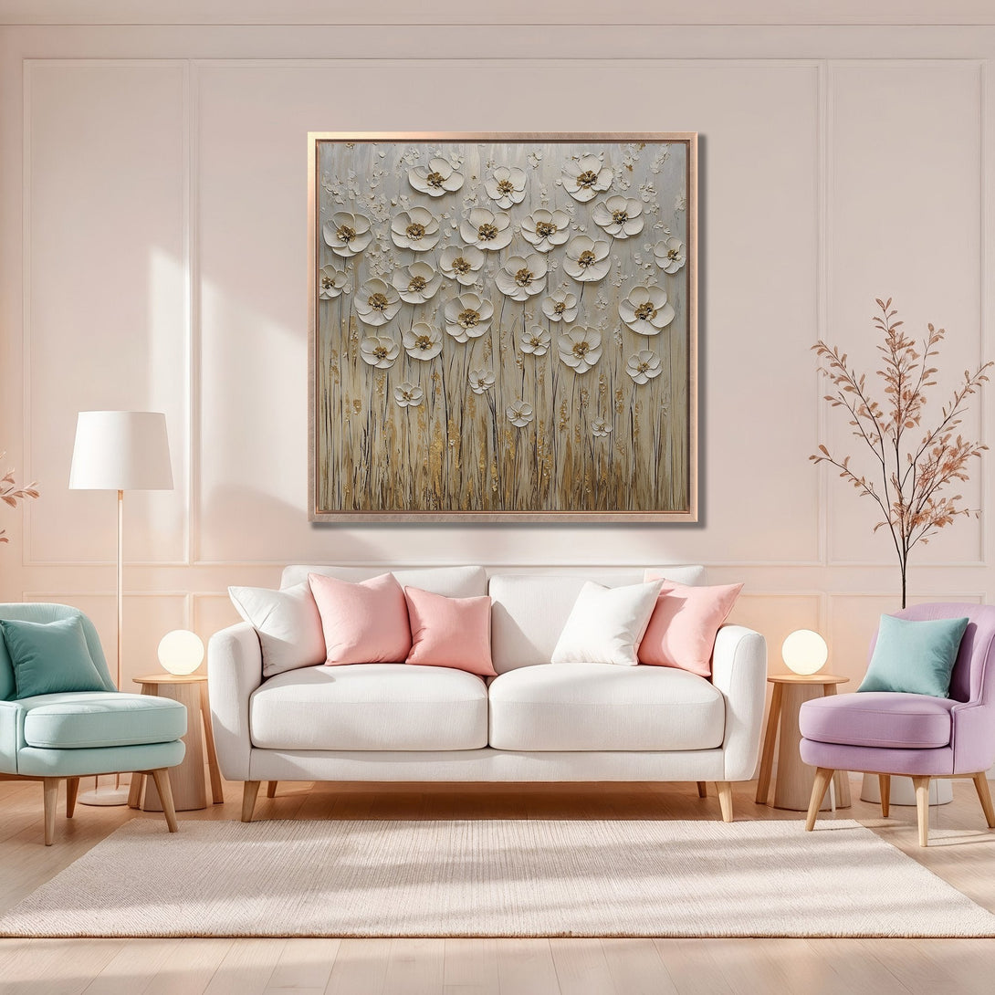 Framed Wall Art featuring a floral design in neutral tones. Modern, textured artwork with a soft, elegant color palette. Perfect for living room decor.