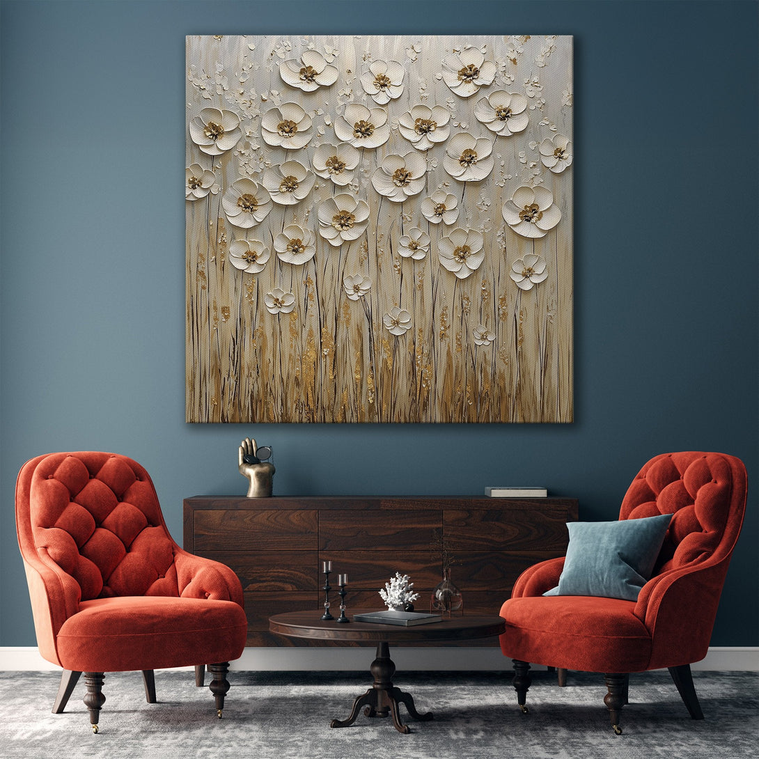 Framed Wall Art featuring textured floral design in neutral tones. Modern, elegant decor with gold accents, perfect for living room or bedroom.