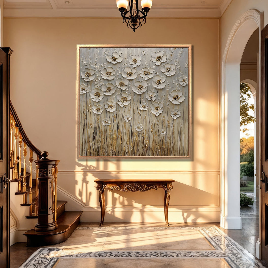 Framed Wall Art: Elegant floral canvas print in neutral tones, displayed in a luxurious interior. Perfect for adding a touch of sophistication to your home decor.