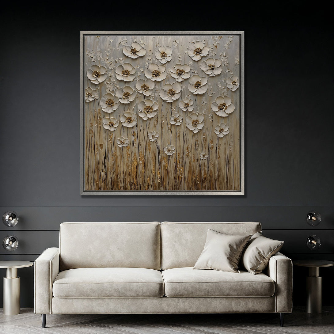 Framed Wall Art featuring textured white flowers and gold accents, displayed in a modern interior with a neutral color palette. Elevate your space!