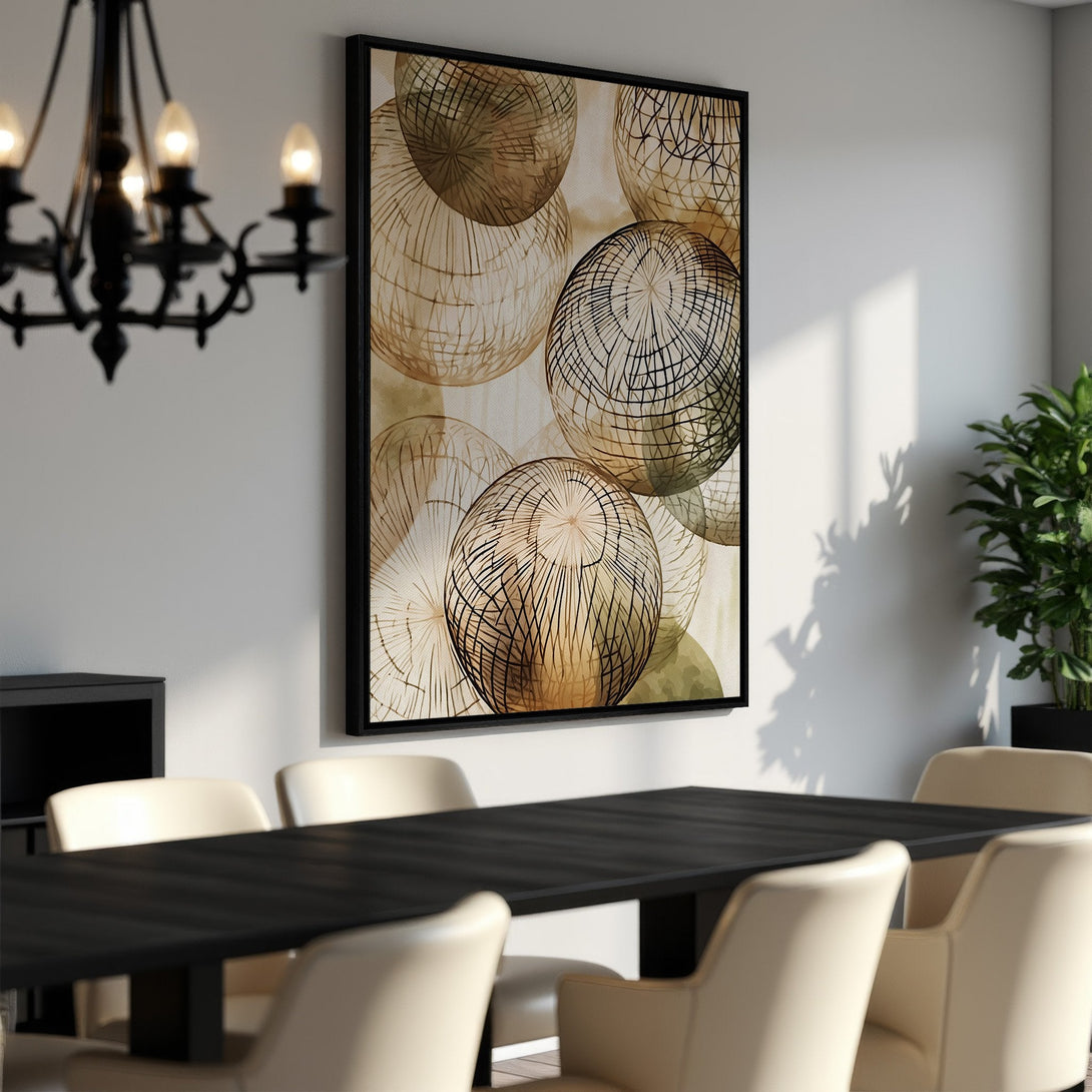 Framed Wall Art featuring abstract sphere design in neutral tones. Modern wall decor for dining room. Earthy color palette.
