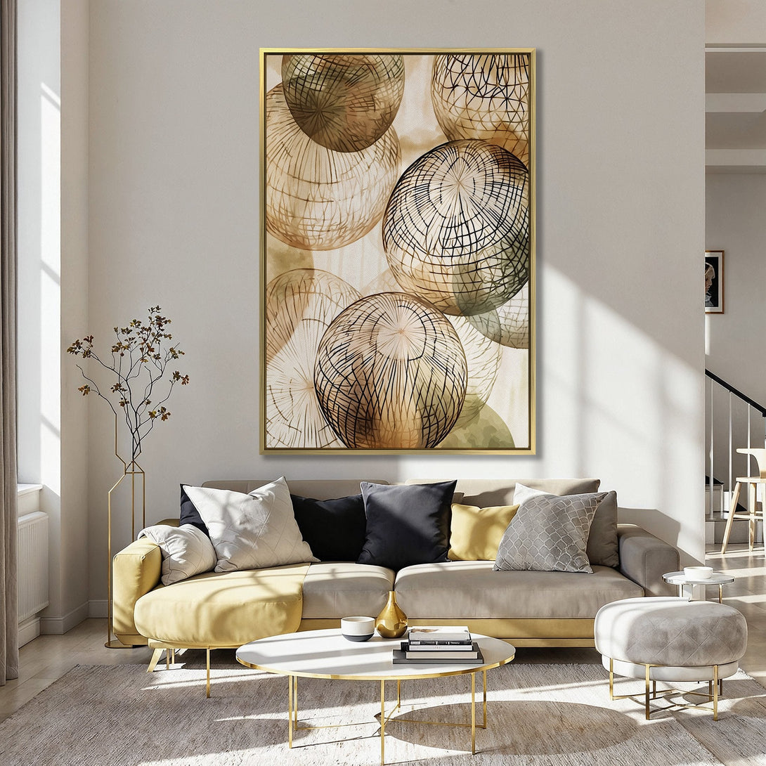 Canvas Print featuring abstract geometric spheres in warm neutral tones against a lilac wall, perfect for modern home decor.