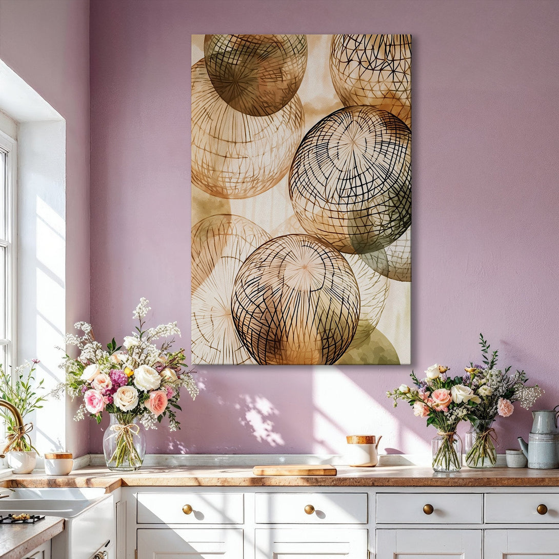 Framed Wall Art: Abstract geometric design in neutral tones. Modern canvas print adds a touch of sophistication to any living room. Earthy color palette.