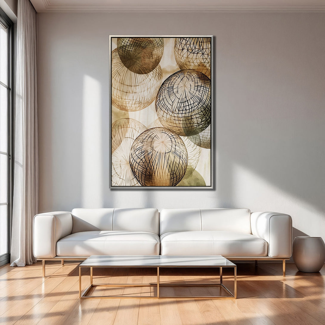 Framed Wall Art featuring abstract sphere design in neutral tones. Modern art print adds a touch of elegance to any living room.