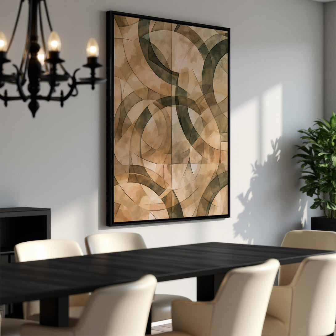 Framed Wall Art featuring abstract geometric design in neutral earth tones. Perfect for adding modern style to your dining room or living space.