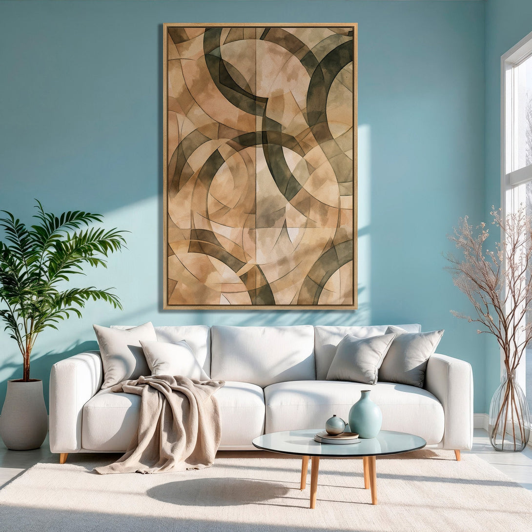 Framed Wall Art: Abstract watercolor art in warm neutral tones. Modern art print adds a touch of elegance to any living room with a calming color palette.