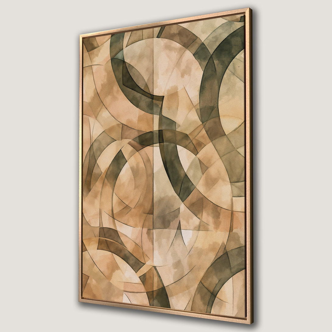 Framed Wall Art featuring abstract geometric design in earthy tones. Modern canvas print with warm beige, tan, and olive green color palette. Add art to your space!