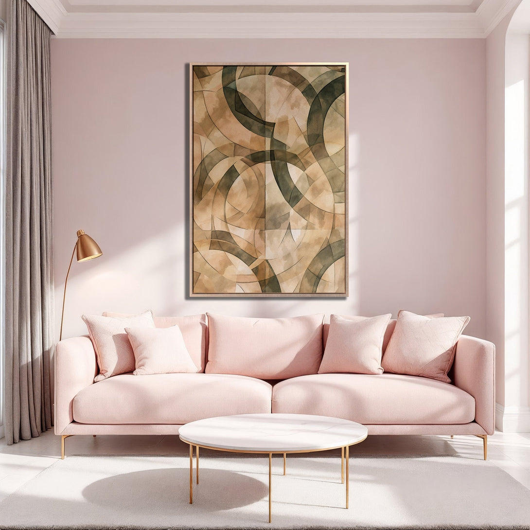 Framed Wall Art featuring abstract geometric design in warm earth tones. Adds a touch of modern elegance to any interior. Shop now for stylish home decor!
