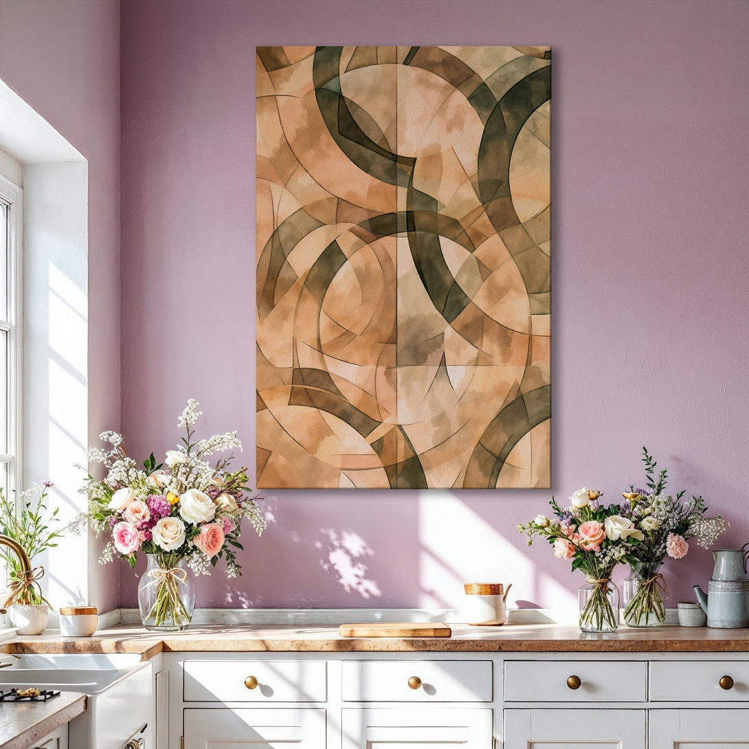 Framed Wall Art: Abstract geometric art in earthy tones of brown and green. Modern decor for living room. Canvas print adds warmth and style.