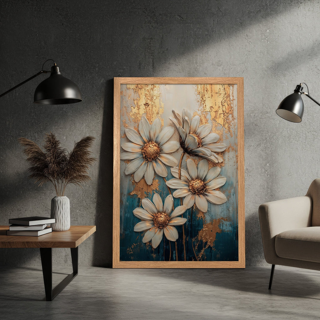 Framed Poster featuring textured white daisy flowers with gold accents on a teal and beige background. Modern art print.