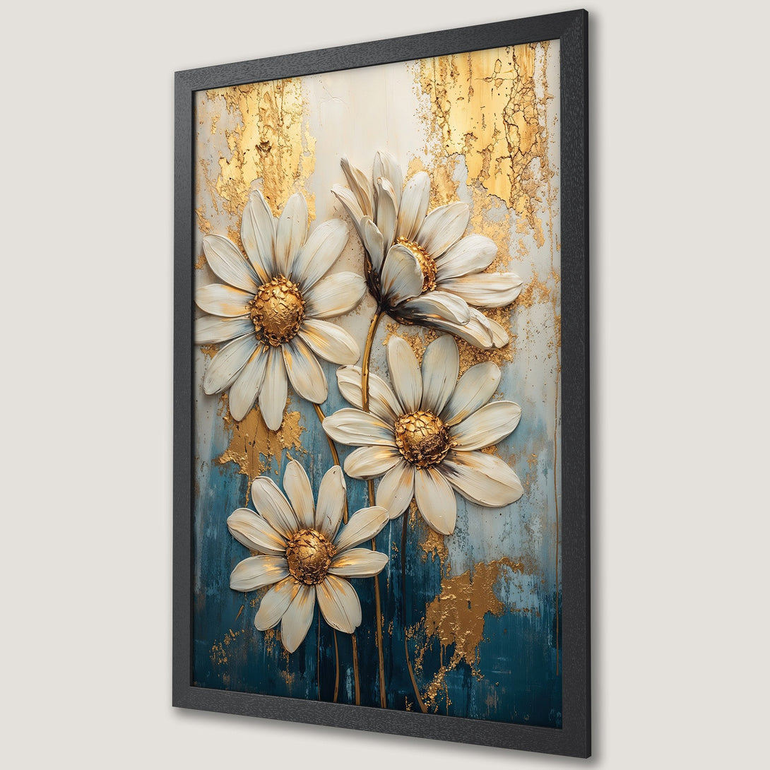 Framed Poster featuring textured white daisy flowers with gold accents on a blue and gold abstract background. Modern art.