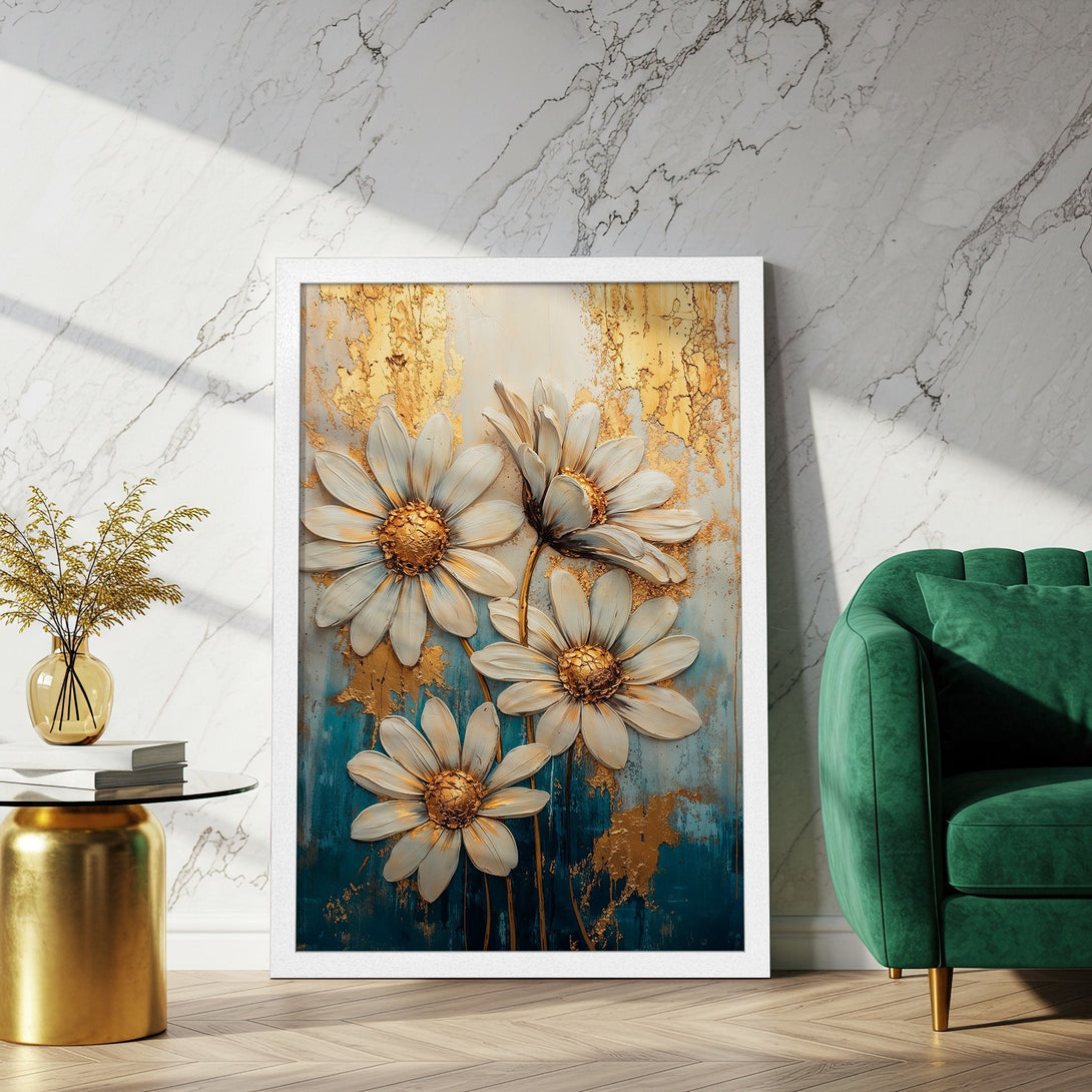 Framed Poster featuring elegant daisy art in a teal, gold, and white color palette. Perfect for chic home decor!
