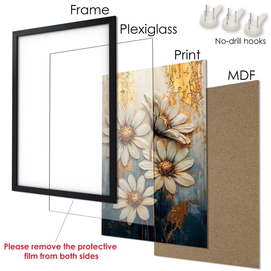 Framed Poster featuring elegant floral art in white & gold tones, perfect for modern home decor. Includes no-drill hooks.