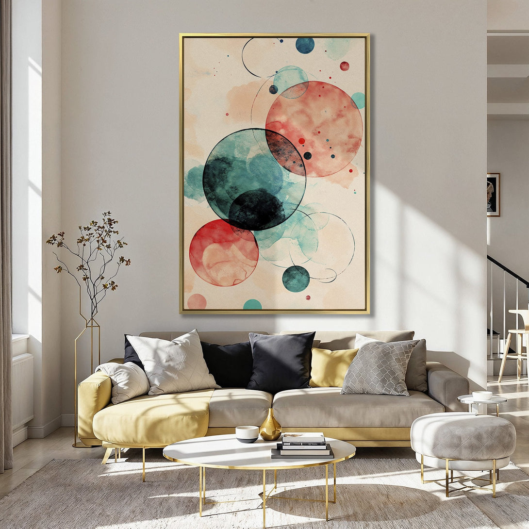 Abstract Canvas Print with watercolor circles in teal, coral, and black against a neutral background. Modern wall art for home decor.
