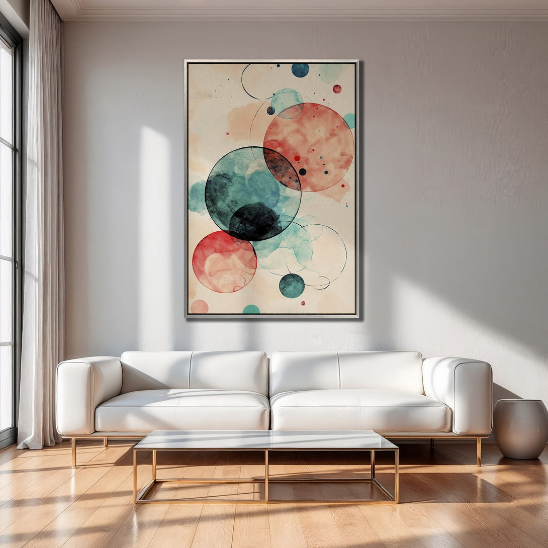 Framed Wall Art: Abstract watercolor circles in red, blue, and beige. Modern art canvas print adds a pop of color to any living room.