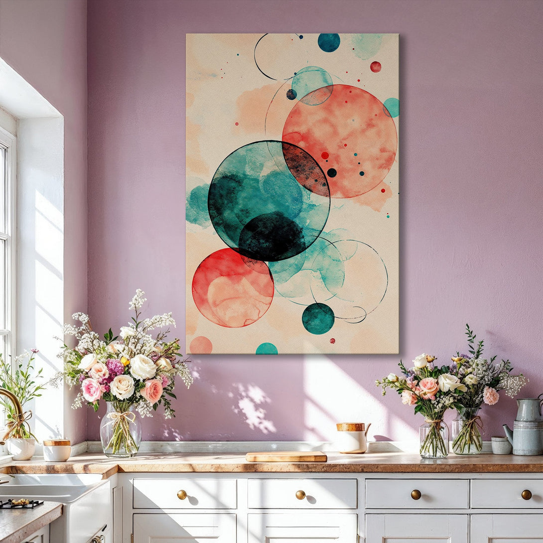 Framed Wall Art: Abstract watercolor circles in red, teal, and blue. Modern art canvas print with a gold frame, perfect for living room decor.