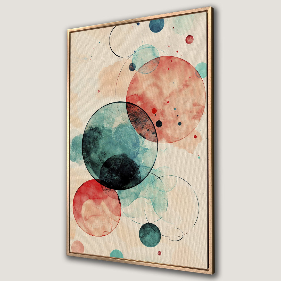 Framed Wall Art featuring an abstract watercolor design with overlapping circles in red, teal, and black on a neutral background. Modern art for your home!