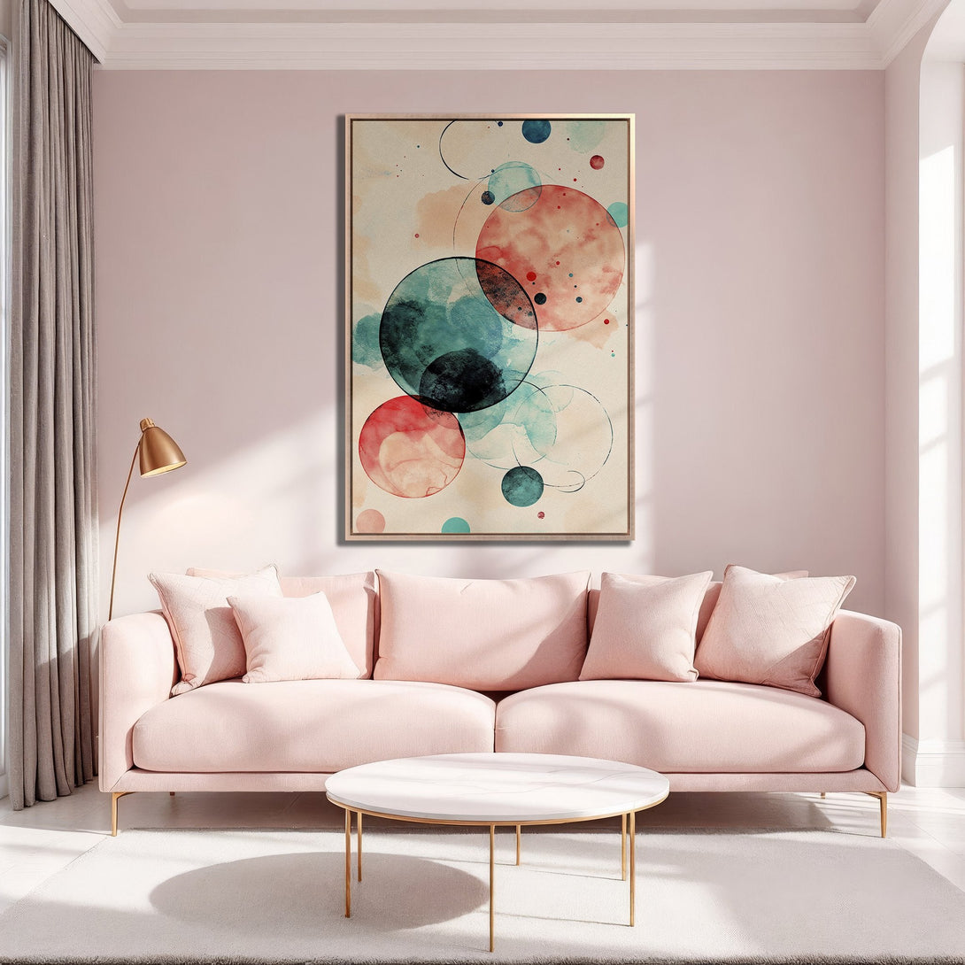 Abstract Canvas Print in a modern interior, featuring watercolor circles in a blush and teal palette. Adds a touch of art and style to any room.