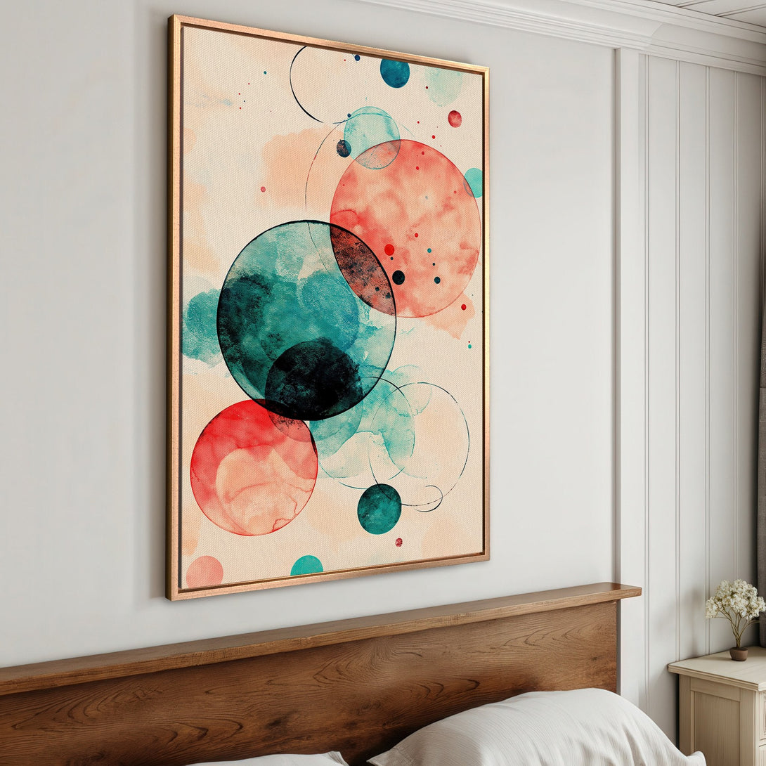 Framed Wall Art: Abstract watercolor circles in teal and coral. Modern art canvas print for bedroom decor.
