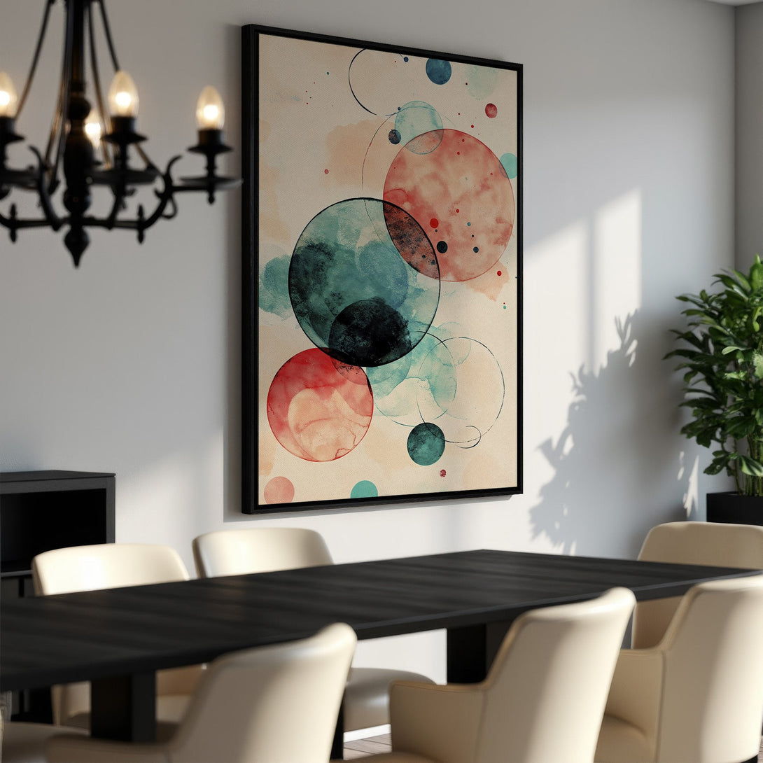 Framed Wall Art: Abstract watercolor circles in red, teal, and beige. Modern art for dining room decor. Add a pop of color to your space!