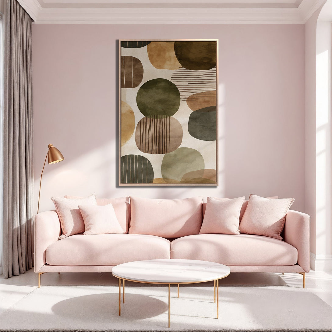 Framed Wall Art: Abstract art Canvas Print in a modern living room, featuring earthy tones and a blush pink color palette. Perfect for home decor.