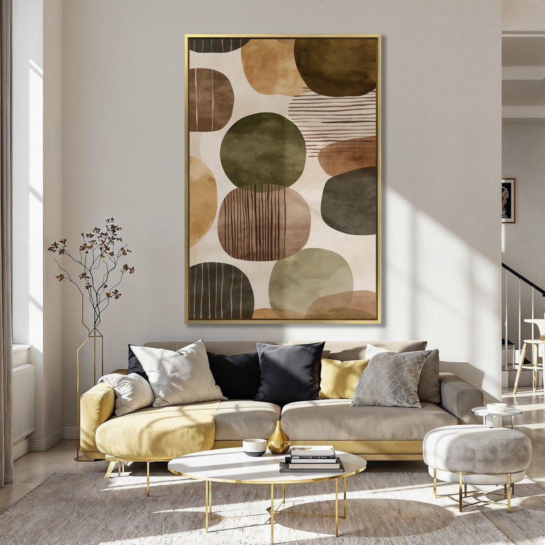 Abstract Canvas Print with earth-tone shapes. Modern art in a warm palette of browns, greens, and beige. Perfect for adding style to any space.