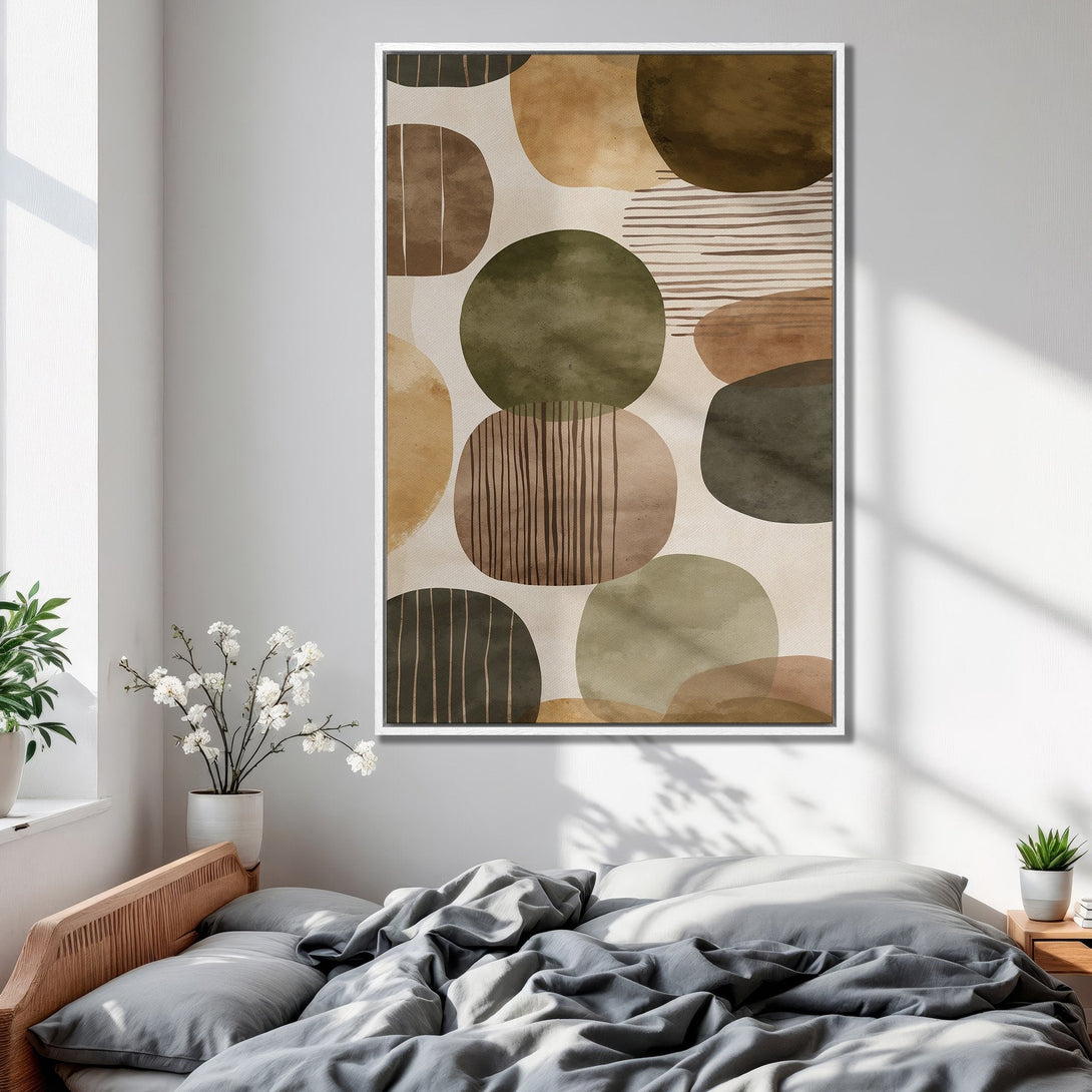 Framed Wall Art: Abstract earth-tone Canvas Print, perfect for bedroom decor. Features organic shapes in brown, green, and beige hues. Modern art for your space.