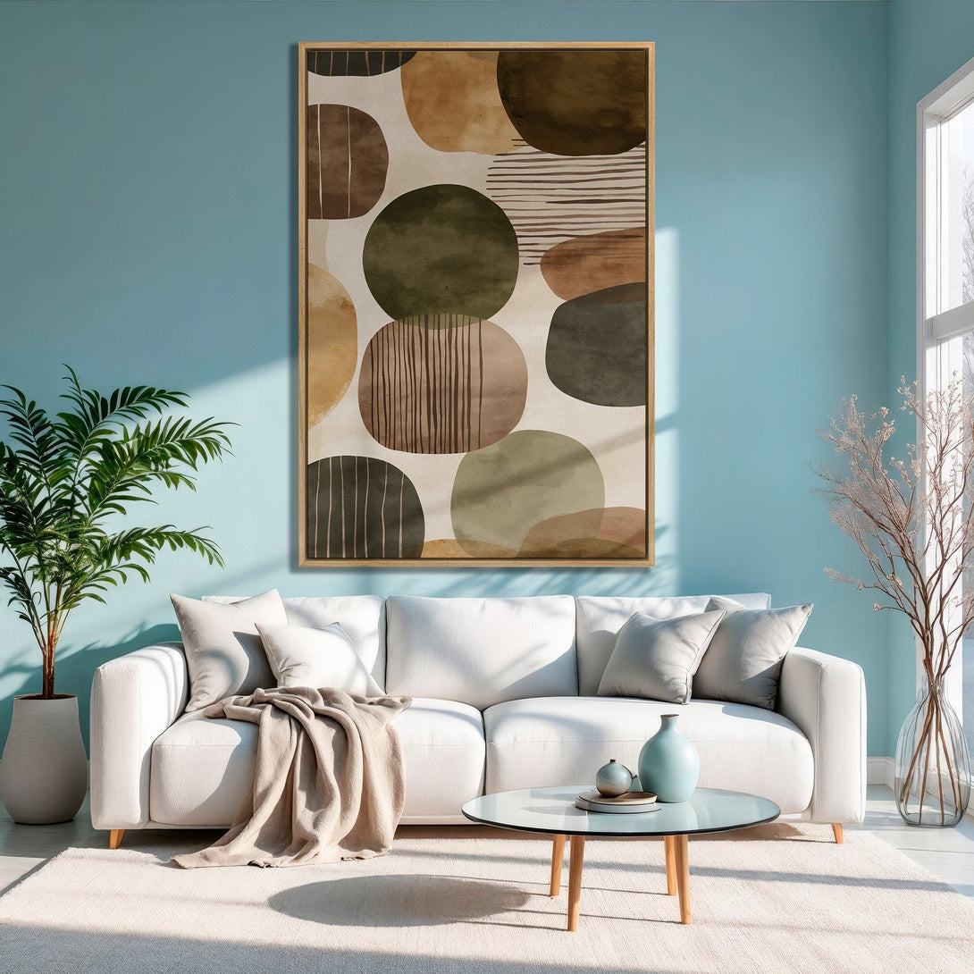Framed Wall Art featuring an abstract earth-tone design. Modern Canvas Print with neutral color palette, perfect for living room decor.