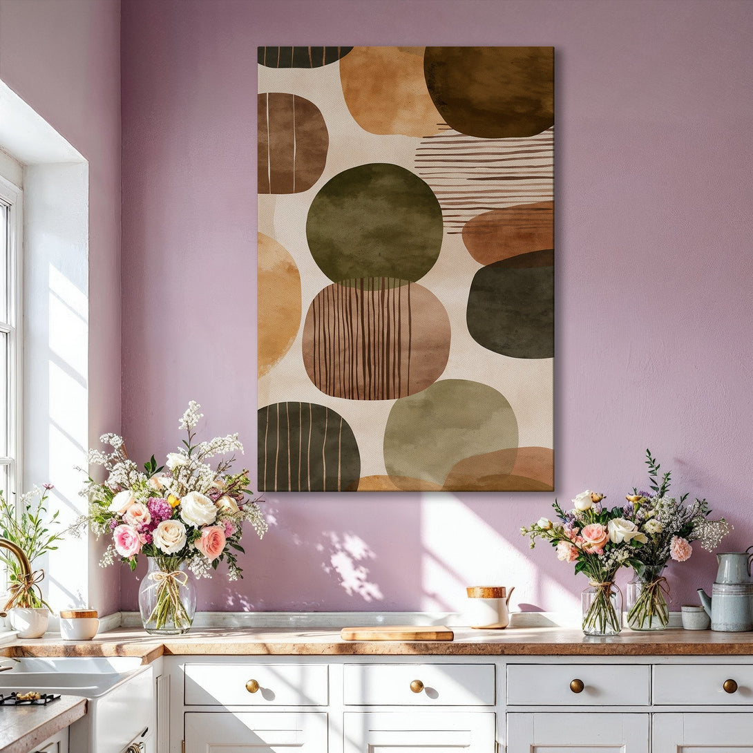 Framed Wall Art: Abstract geometric art in earthy tones of brown and green. Modern decor for living room. Enhance your space with this stylish Canvas Print.
