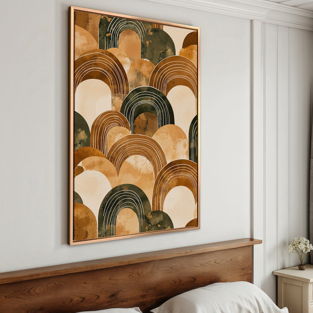 Framed Wall Art featuring an abstract arch design in earthy tones of brown, green, and beige. Perfect for adding a touch of modern art to your home.