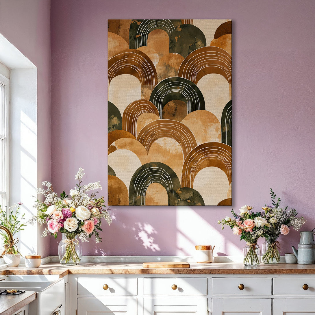 Framed Wall Art: Abstract arch design in warm earth tones. Modern art piece adds a touch of elegance to any interior. Shop now for stylish home decor!