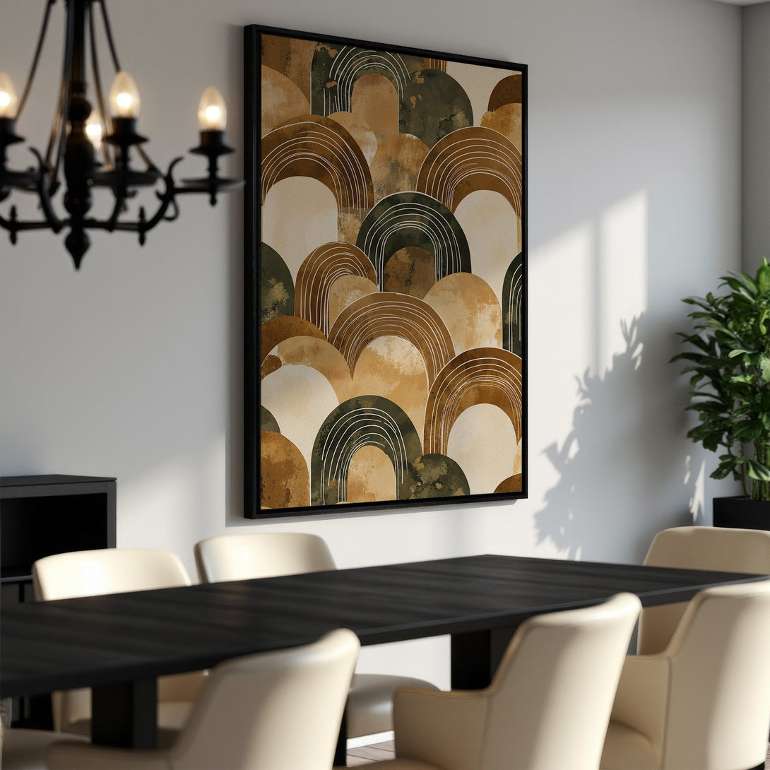 Framed Wall Art featuring an abstract arch design in earthy tones. Modern art canvas print perfect for dining room decor. Warm color palette.