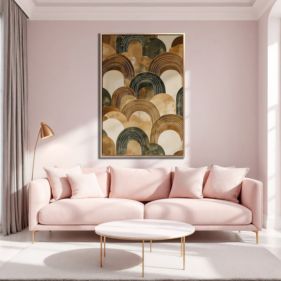 Framed Wall Art featuring abstract arch design in warm earth tones. Elevate your space with this stylish canvas print, perfect for modern and minimalist decor.