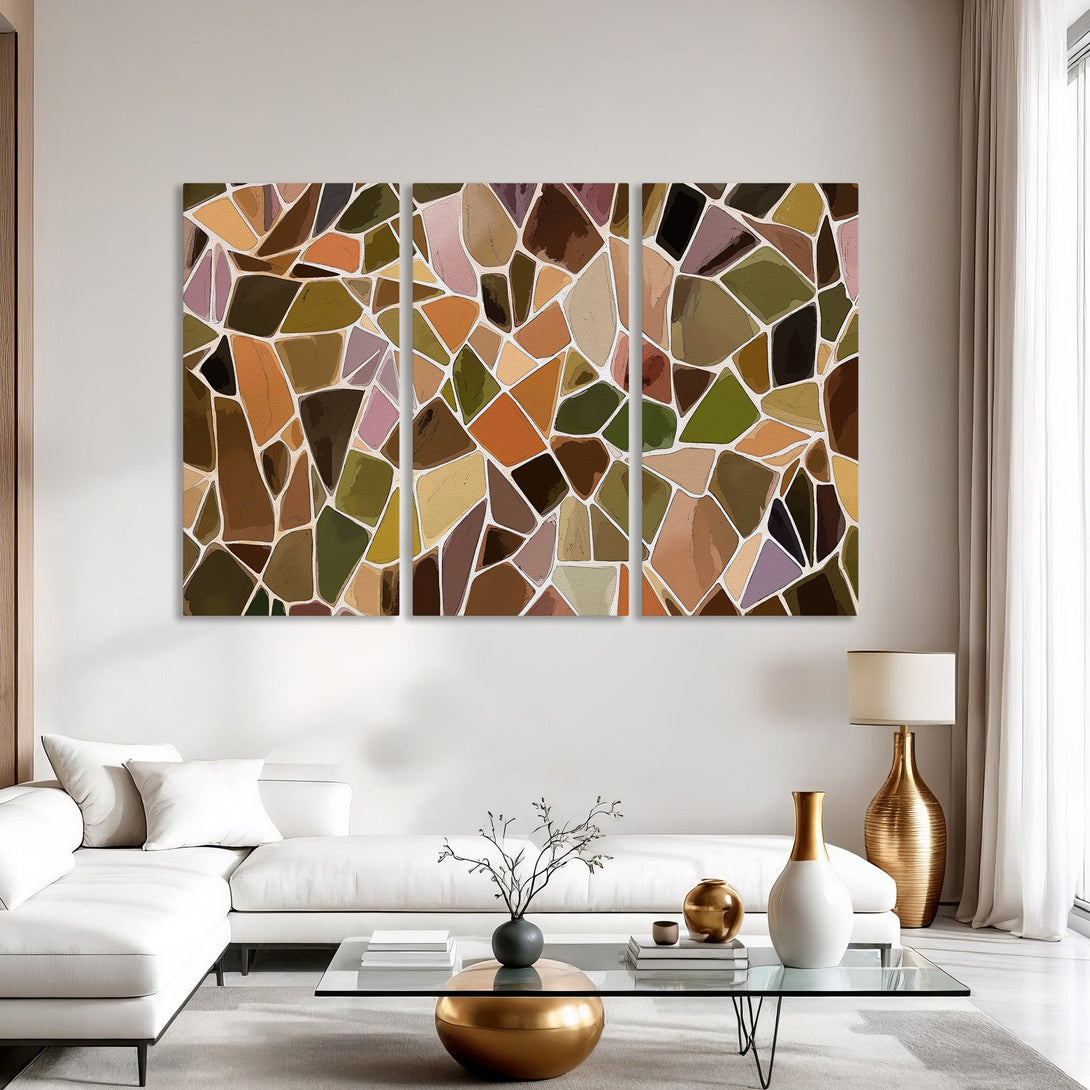 Abstract Canvas Print wall art in warm earth tones, perfect for modern living room decor. Featuring a mosaic-like design.